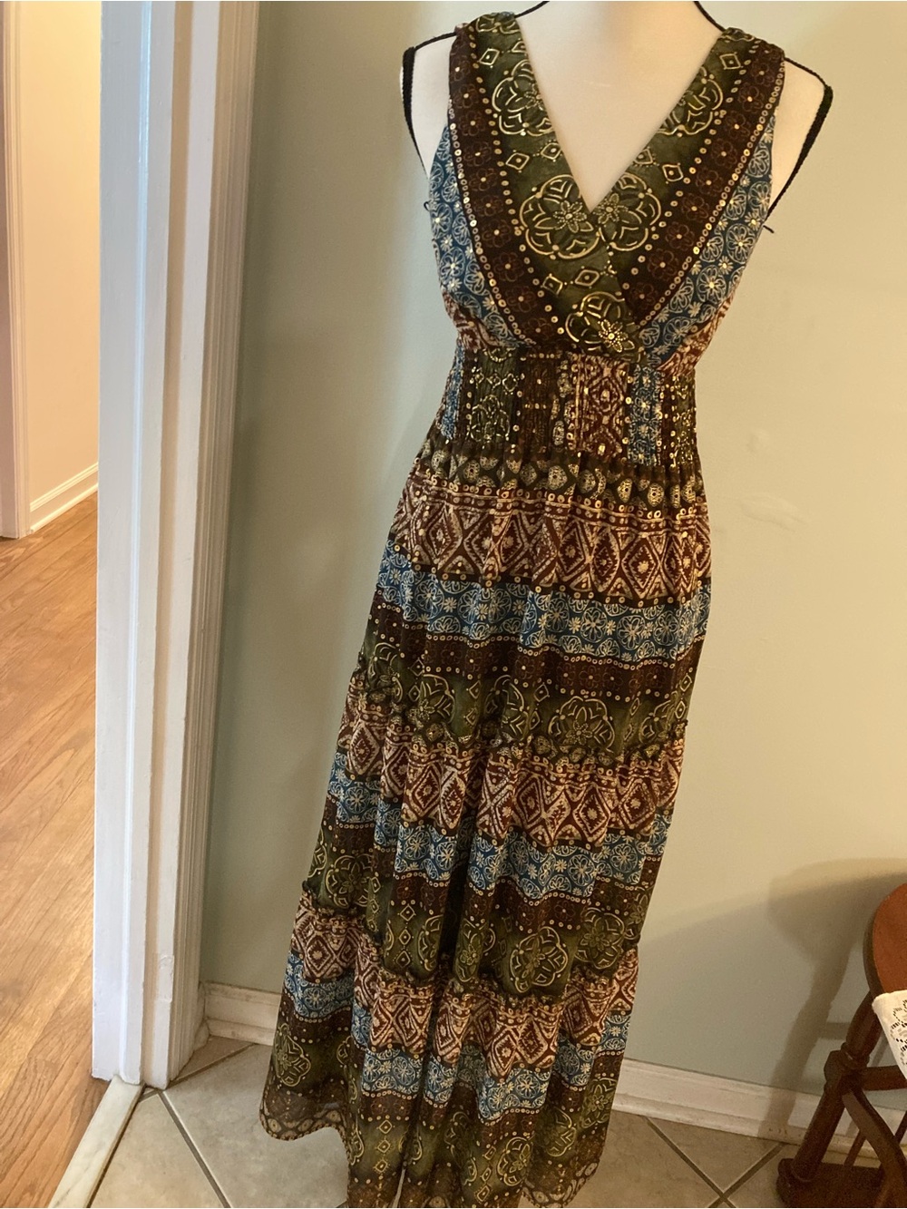 Chris McLaughlin BohoMaxi Dress in Olive & Brown y2k earthy aesthetic